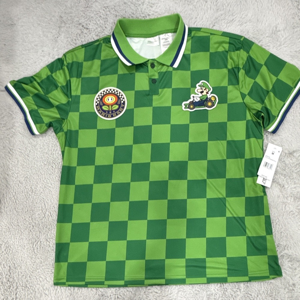 Mario Kart Men's Green Luigi Checkered Short Sleeve Polo Shirt - Size M - New